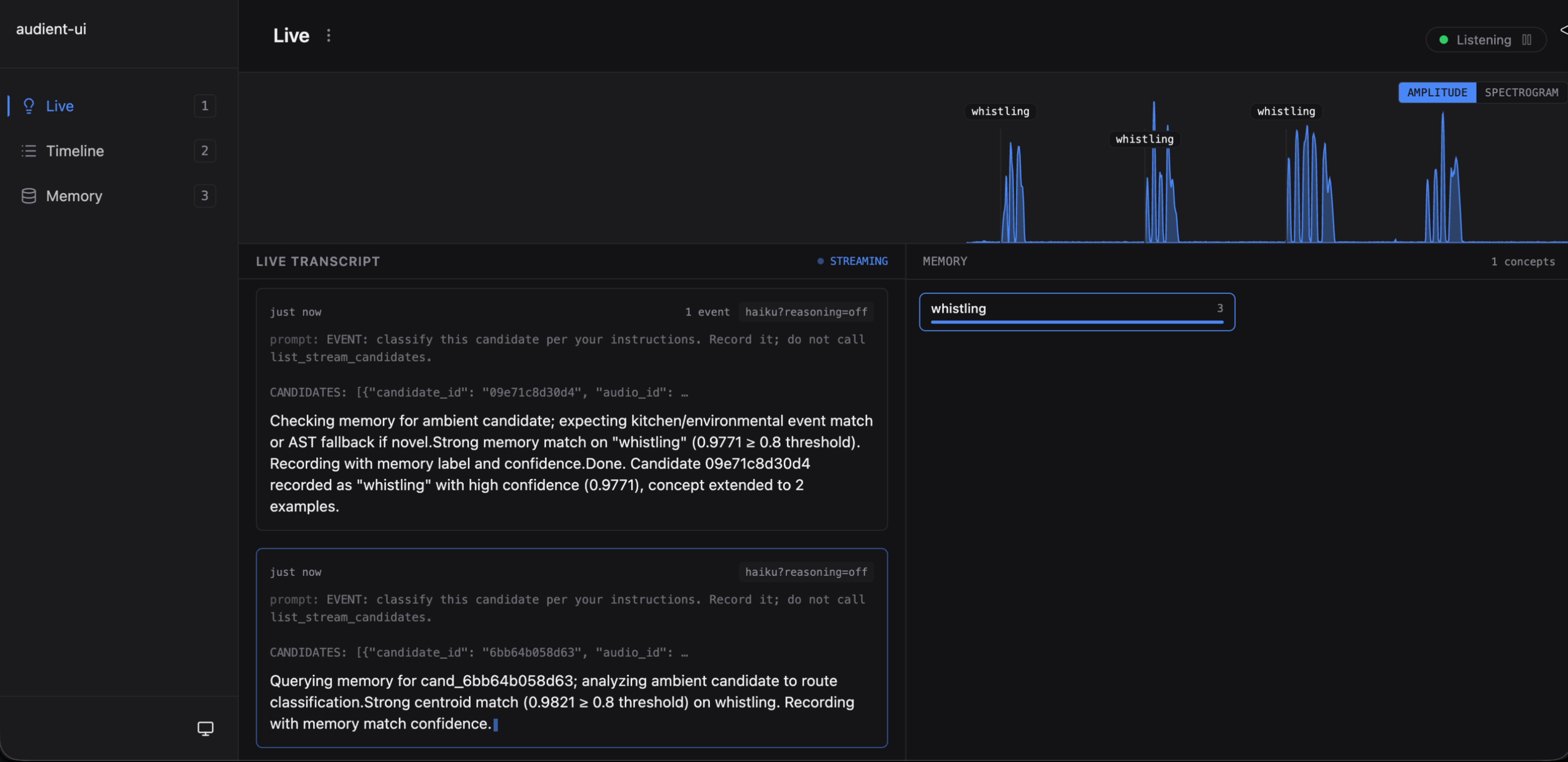Live surface after several whistles: memory sidebar shows "whistling" with a rising instance count, live transcript filled with consecutive "Strong memory match" classifier turns