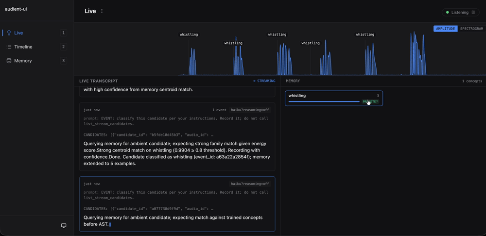 Animated: the moment of promotion. User opens the concept detail sheet, clicks Promote, and subsequent whistles start rendering as compact auto-recognized rows instead of full classifier turns