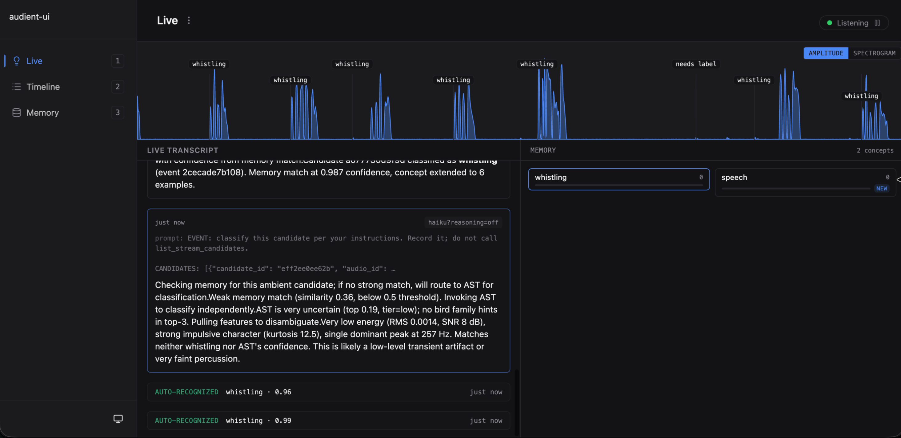 Live transcript showing the classifier's reasoning through the unhandled event: weak memory match, low AST confidence, feature analysis concluding "likely a low-level transient artifact or very faint percussion"