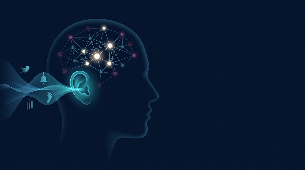 Head in profile, sound entering the ear, a growing constellation of connected concept-nodes lighting up inside the brain