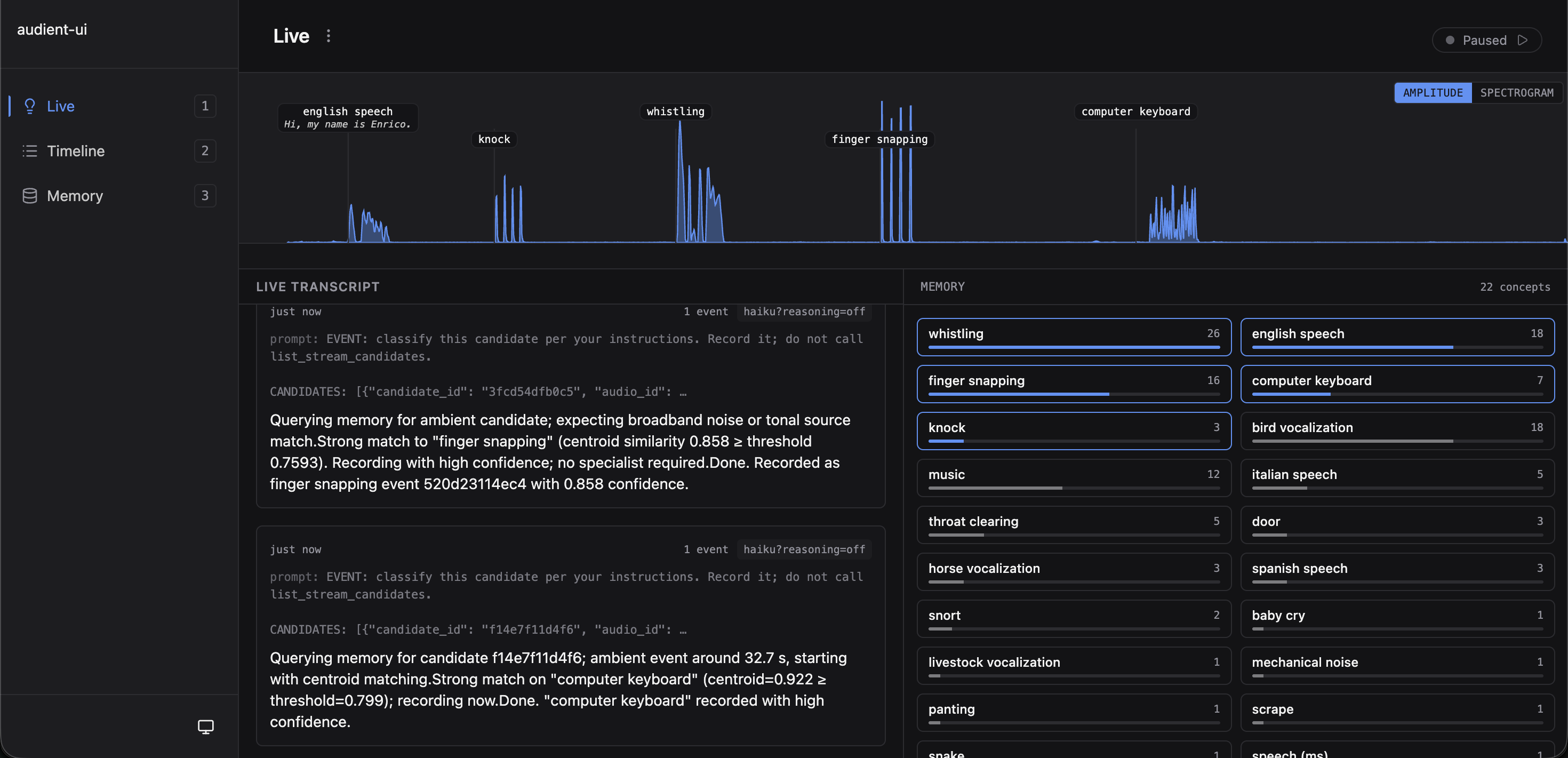 audient Live surface: audio scope on top with labeled event chips (english speech, knock, whistling, finger snapping, computer keyboard), a Live Transcript panel streaming classifier reasoning, and the Memory grid on the right