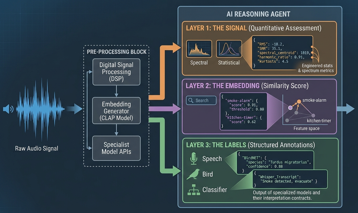 Diagram: raw audio enters a pre-processing block (DSP, CLAP embedding, specialist APIs); the agent reasons across three symbolic layers — signal features as JSON, embedding similarity scores against concept memory, and structured specialist labels. The raw audio itself is discarded and never seen by the agent.