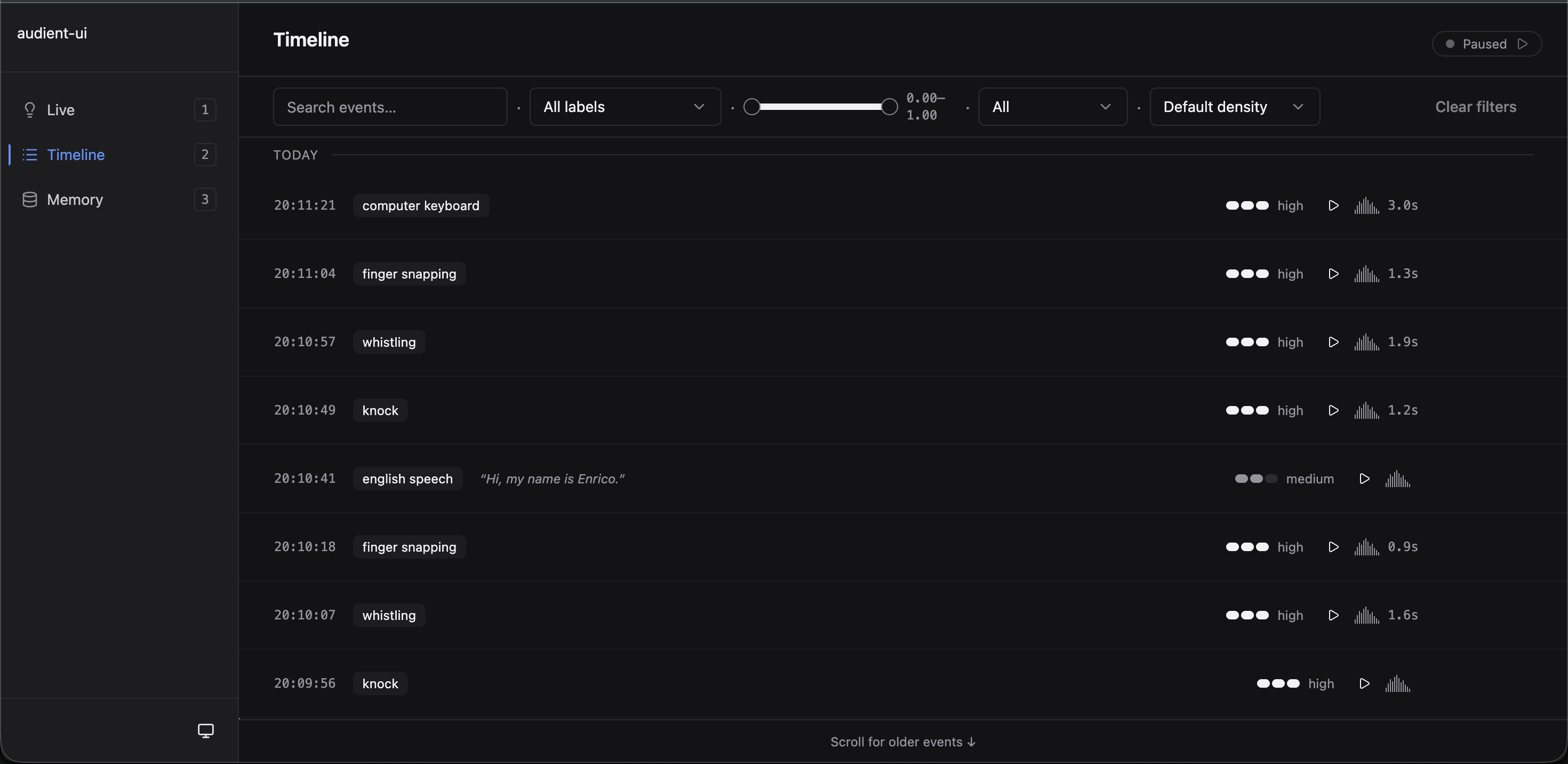 audient Timeline surface: chronological list of events with timestamps, labels (computer keyboard, finger snapping, whistling, knock, english speech), confidence badges (high / medium), playback buttons, and duration