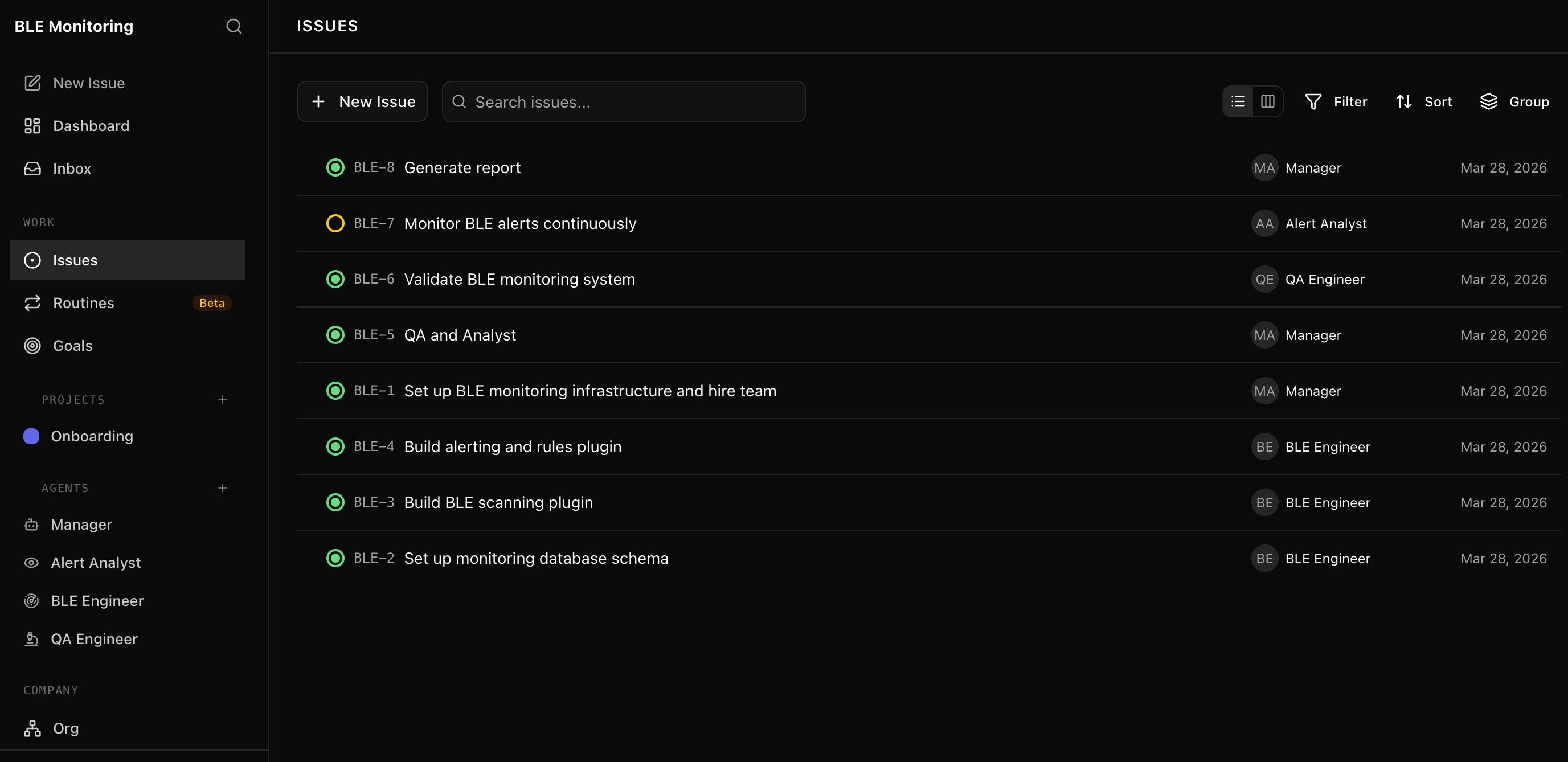 Paperclip org chart — 4 agents, 8 tasks