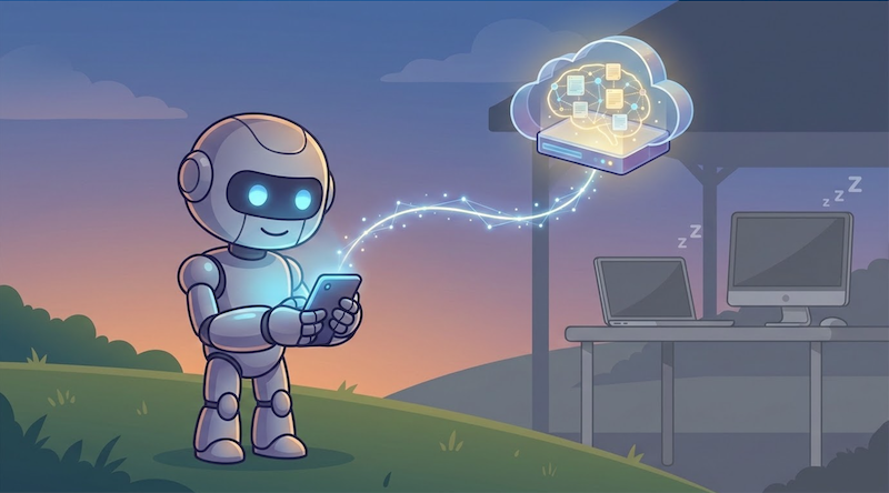 Away from the machine, an AI reaches a vault that lives in the cloud while your other devices sleep