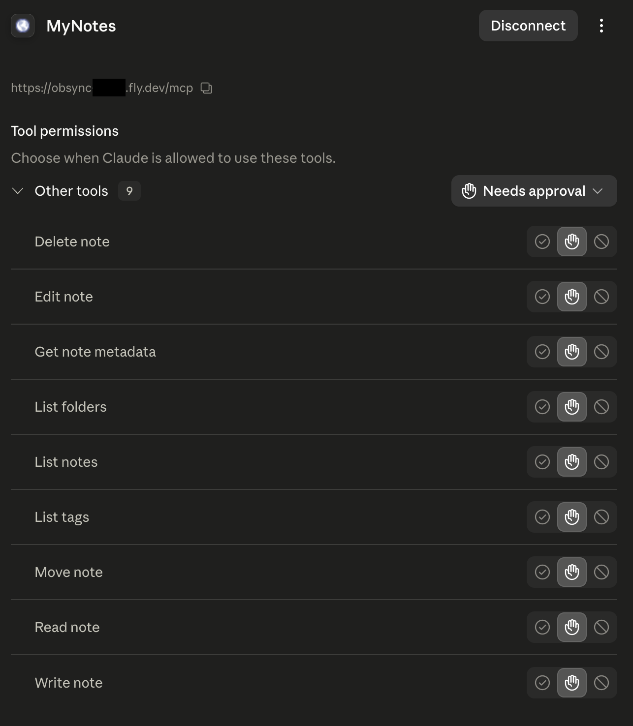 The Obsidian Sync MCP tools connected to Claude, each set to require approval